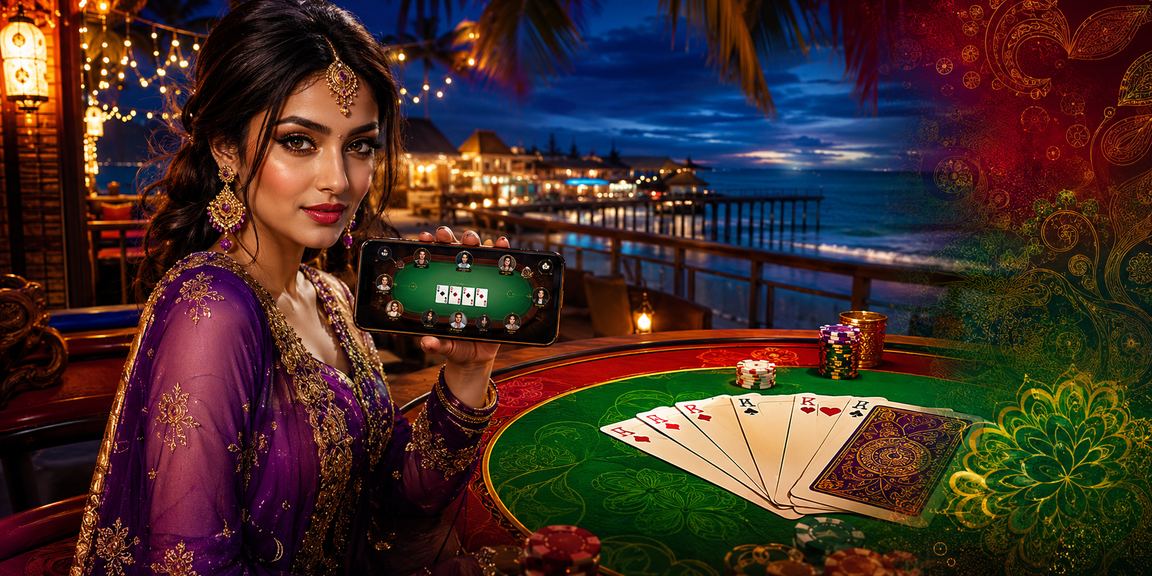 A member enjoying a Teen Patti voucher bonus in a red-and-green setting at Saint Martin's Island